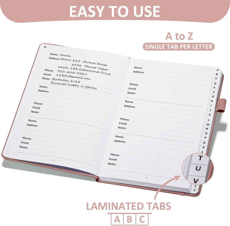 COMKISO Store Address Book with Individual Alphabetical Tabs Laminated, Large Print Address Book with 468 Wide Lining Entry Spaces, Change of Address Labels, Hardcover Address Book 5.7 x 8.5" - Rose Gold - Image 2